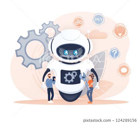 Settings bot in cartoon style. Marketing social media concept. Global social network Settings bot in cartoon style. Marketing social media concept. Global social network 124289156