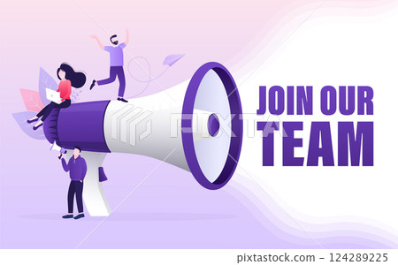 Join our team people, great design for any purposes. Flat join our team people for flyer design. Girl with megaphone. Vector illustration. Join our team people, great design for any purposes. Flat join our team people for flyer design. Girl with megaphone. Vector illustration. 124289225