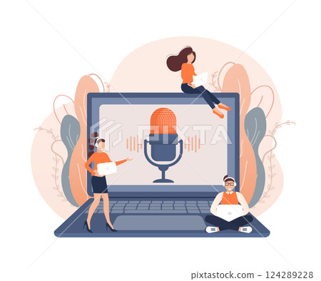 Live webcast in flat style with people. Listen to podcast. Flat illustration. Vector illustration. 124289228