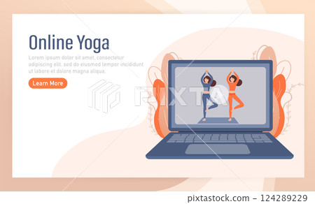 Woman doing yoga fitness exercises on laptop screen. Beautiful woman doing yoga at home from online class yoga. Vector illustration. 124289229