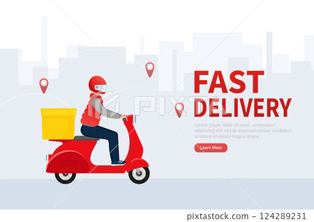Fast delivery in flat style. Food delivery service. The courier rides a motorbike with the goods. Fast delivery in flat style. Food delivery service. The courier rides a motorbike with the goods. 124289231