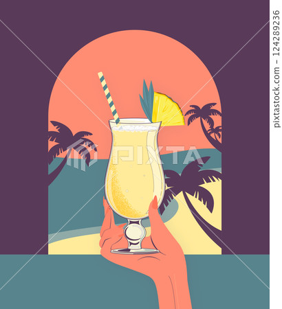 Woman holding tropical cocktail pina colada at the beach bar 124289236