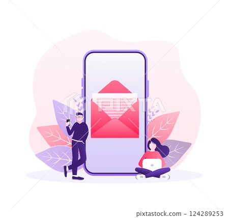 Flat illustration with letter smartphone people for concept design. Flat vector character. Business illustration. Smartphone screen. Flat illustration with letter smartphone people for concept design. Flat vector character. Business illustration. Smartphone screen. 124289253