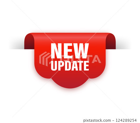 New update red ribbon isolated on white background. Red label, banner for any purposes. Vector illustration. 124289254