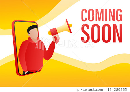 Template with coming soon man holding megaphone on white background for flyer design. Vector illustration in flat style. Template with coming soon man holding megaphone on white background for flyer design. Vector illustration in flat style. 124289265