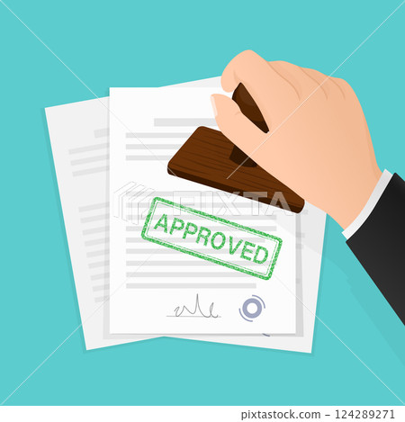 Flat icon with approved stamp hand for paper design. Business concept. Vector illustration. 124289271