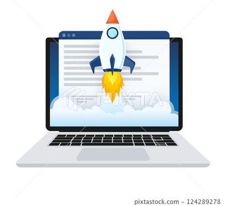 Website speed optimisation - Laptop with webpage and analytic tools on screen. Vector illustration. 124289278