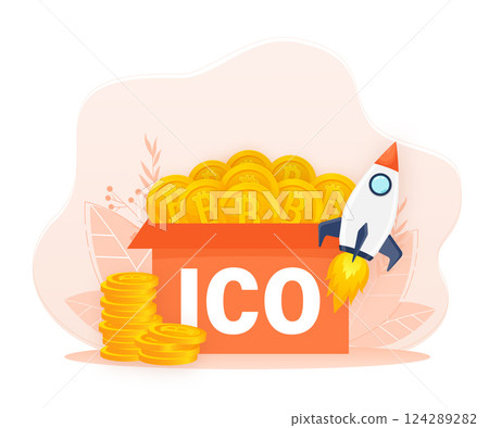Initial coin offering, ICO Token production process vector illustration. Cryptocurrency trading desk, bitcoin futures, financial technology, blockchain ICO abstract metaphor. 124289282