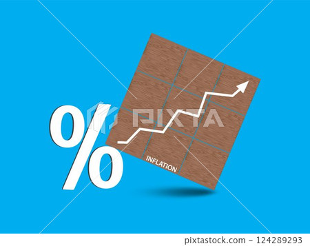 Percent sign and Inflation word with white up arrow on wooden blocks isolated on blue background. Inflation rate crisis, money economy concept. Business recession risk. Financial bank cost balance. 124289293