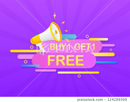 Buy one get one free megaphone on white background for flyer design. Vector illustration in flat style. Buy one get one free megaphone on white background for flyer design. Vector illustration in flat style. 124289309