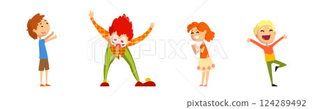 Funny Clown Character Performing Show for Kids Vector Set 124289492