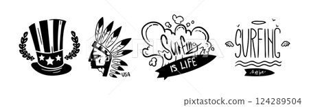 USA Logo Badges and Black Emblems of American Lifestyle Vector Set 124289504