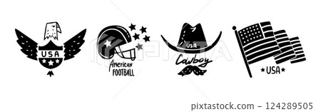 USA Logo Badges and Black Emblems of American Lifestyle Vector Set 124289505