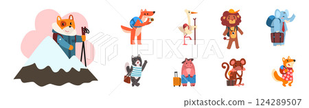 Funny Animal Tourist or Travelers with Backpack Vector Set 124289507