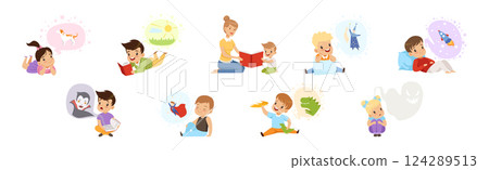Adorable Children Reading Fairytale Fantasy Book with Mom Vector Set 124289513