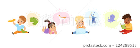 Adorable Children Reading Fairytale Fantasy Book Vector Set Adorable Children Reading Fairytale Fantasy Book Vector Set 124289515