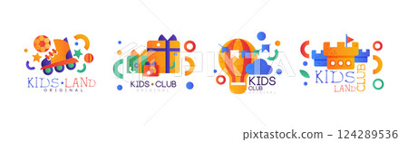 Kids Land and Club Original Logo Design for Kindergarten Vector Set 124289536