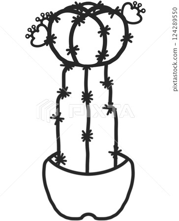 A delicate, hand-drawn cactus outline in minimalist style, illustration of a children's activity coloring book page with pictures of cactus. 124289550