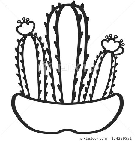 A delicate, hand-drawn cactus outline in minimalist style, illustration of a children's activity coloring book page with pictures of cactus. A delicate, hand-drawn cactus outline in minimalist style, illustration of a children's activity coloring book page with pictures of cactus. 124289551