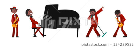 Man Musician and Jazz Performer Sing and Play Musical Instrument Vector Set 124289552