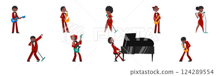 Man and Woman Musician and Jazz Performer Sing and Play Musical Instrument Vector Set 124289554