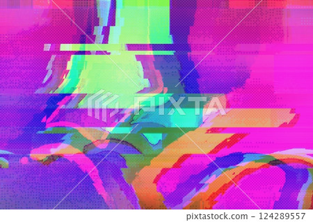 Vibrant Glitch Art in Neon Pink, Green, Blue with Retro 80s, Holographic Elements Vibrant Glitch Art in Neon Pink, Green, Blue with Retro 80s, Holographic Elements 124289557