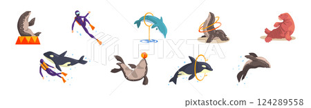 Oceanarium or Dolphinarium with Sea Animals and Trainers Performing Stunt Vector Set 124289558