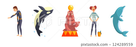 Oceanarium or Dolphinarium with Sea Animals and Trainers Performing Stunt Vector Set Oceanarium or Dolphinarium with Sea Animals and Trainers Performing Stunt Vector Set 124289559