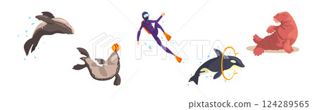 Oceanarium or Dolphinarium with Sea Animals and Trainers Performing Stunt Vector Set 124289565
