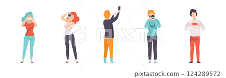 Male and Female Photographers Take Pictures with Cameras Vector Set 124289572