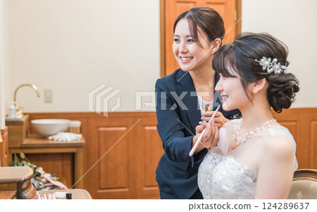 A bridal hair and makeup artist woman (lip) who does makeup for the bride and groom in the bride's room and waiting room A bridal hair and makeup artist woman (lip) who does makeup for the bride and groom in the bride's room and waiting room 124289637