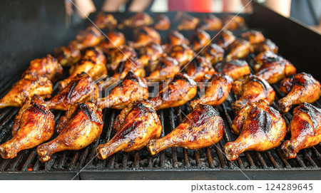 Delicious grilled chicken at lively party barbecue scene with multiple friends enjoying feast. concept of social gathering, tasty barbecue, cooking outdoors, celebratory meals. Delicious grilled chicken at lively party barbecue scene with multiple friends enjoying feast. concept of social gathering, tasty barbecue, cooking outdoors, celebratory meals. 124289645