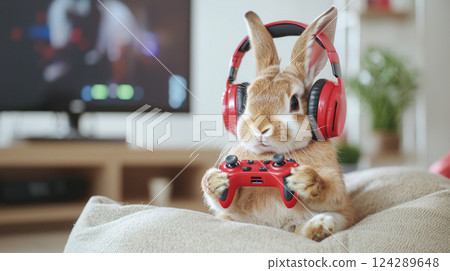 Adorable Gamer rabbit wearing headphones holding video game controller at home. concept of Bunny, Video gaming, relaxation, playful animal, Funny Pet, Entertainment, Digital Lifestyle, Humor. 124289648