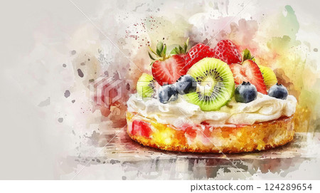 Watercolor illustration of a delicious fruit cake with strawberries, kiwi, and blueberries on creamy topping. Concept of artistic dessert, gourmet pastry, sweet bakery, and handmade food painting. 124289654