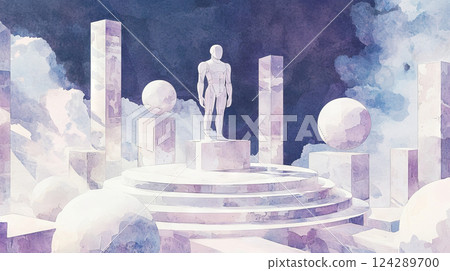 Futuristic watercolor illustration of sleek white humanoid figure in abstract geometric landscape. concept of modern art, engineering innovation, abstract design, human-technology fusion. 124289700