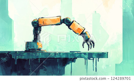 Watercolor illustration of industrial robotic arm in a futuristic factory setting. concept of engineering innovation, robotics technology, industrial automation, future manufacturing. 124289701