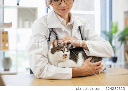 Female veterinarian with Asian cat in veterinary clinic, mid adult, wearing glasses. Professional expertise, animal health and care, compassion for animals, emphasis on well-being. Female veterinarian with Asian cat in veterinary clinic, mid adult, wearing glasses. Professional expertise, animal health and care, compassion for animals, emphasis on well-being. 124289813