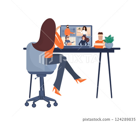 Flat illustration. Video conference. Video call between friends, chatting online by mobile app. Stay at home, work, communication remotely. Vector illustration. Flat illustration. Video conference. Video call between friends, chatting online by mobile app. Stay at home, work, communication remotely. Vector illustration. 124289835