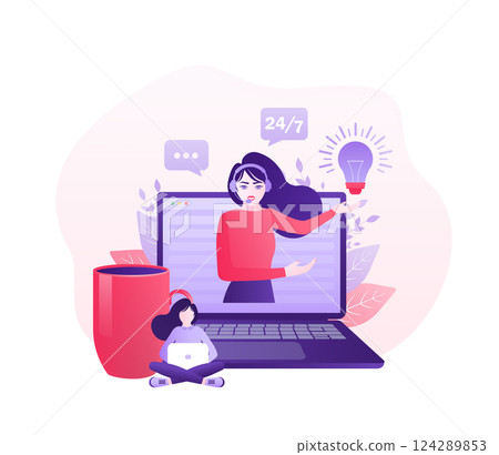 Telephone operator. Cartoon character. Support service icon. Online support call center. Customer service.Vector illustration, virtual business assistant. Telephone operator. Cartoon character. Support service icon. Online support call center. Customer service.Vector illustration, virtual business assistant. 124289853