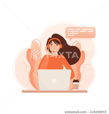 Call center, hotline flat vector illustrations. Smiling office workers with headsets cartoon characters. Character with headphones and microphone with laptop. Call center, hotline flat vector illustrations. Smiling office workers with headsets cartoon characters. Character with headphones and microphone with laptop. 124289855