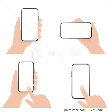 Design template with smartphone with hand rotate. Technology vector illustration. Smartphone mockup. Mobile application design. Vector illustration. Design template with smartphone with hand rotate. Technology vector illustration. Smartphone mockup. Mobile application design. Vector illustration. 124289859