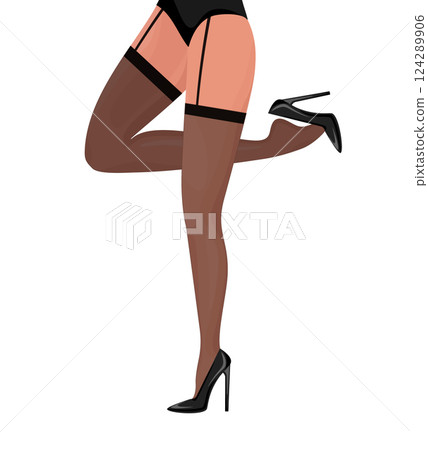 Cartoon flat legs template on white background. Cross-legged legs of girl in high-heeled black shoes. Beauty logo Cartoon flat legs template on white background. Cross-legged legs of girl in high-heeled black shoes. Beauty logo 124289906