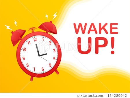 Wake up alarm clock icon with red ribbon. Vctor illustration on a white background. Wake up alarm clock icon with red ribbon. Vctor illustration on a white background. 124289942
