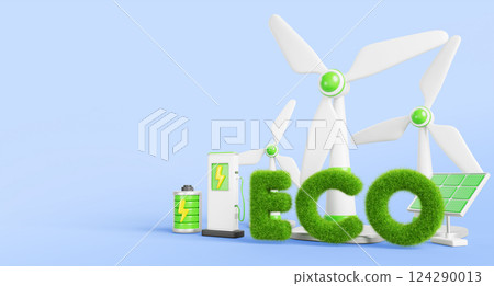 3d renewable green energy industry banner. Clean power, sustainable development with wind turbines, solar panels, ev charging station, battery, eco friendly symbol of grass letters. 3D illustration 3d renewable green energy industry banner. Clean power, sustainable development with wind turbines, solar panels, ev charging station, battery, eco friendly symbol of grass letters. 3D illustration 124290013