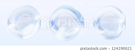 3d blue liquid ball. Render realistic set of water bubble with transparent texture and light reflection. Abstract fluid sphere, beauty care collagen serum, hyaluron skin essence drop. 3D illustration 124290021
