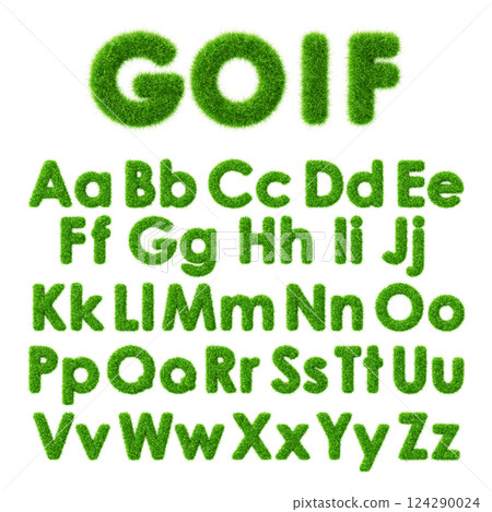 3d golf text, green grass font of alphabet render. Fresh plant uppercase and lowercase letters with soft fluffy herb texture. Lawn type effect for golf club or sport tournament design. 3D illustration 124290024