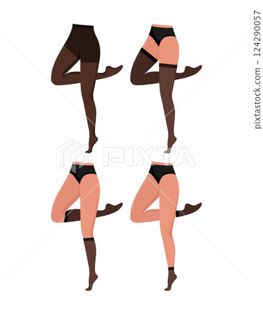 Cartoon flat legs template on white background. Different color tights. Cross-legged legs of girl. Beauty logo 124290057