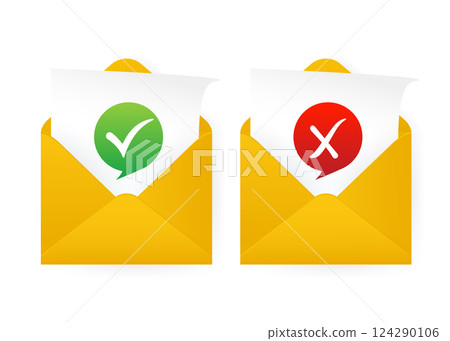Check mark in envelope. Approved and rejected. Yellow template on white background. Vector illustration. 124290106