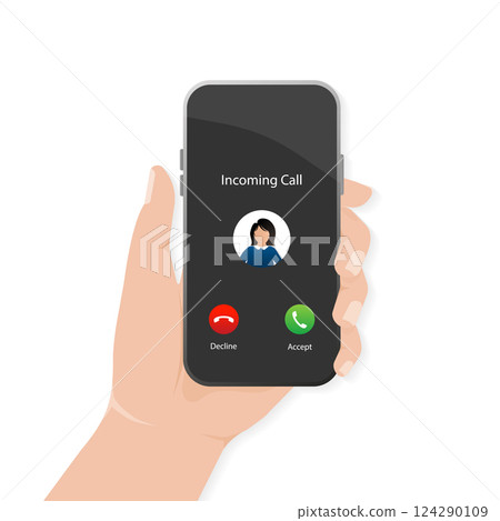 Incoming call in flat style. Perspective vector. Accept button, decline button. Black background. Vector flat design. Call screen mockup. Incoming call in flat style. Perspective vector. Accept button, decline button. Black background. Vector flat design. Call screen mockup. 124290109
