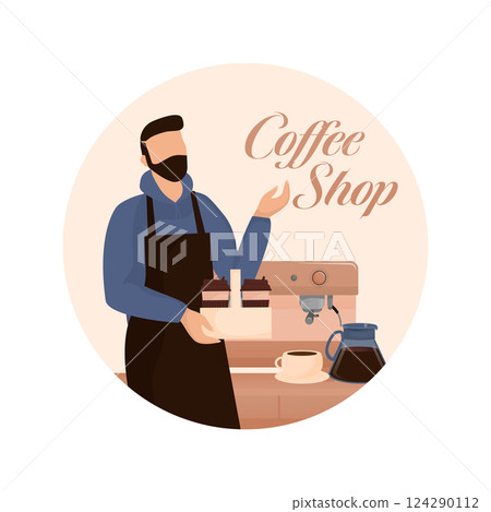 Flat character coffee shop barista. Vector illustration flat design. Vector infographic illustration. Cartoon male barista or waiter standing near menu board. Flat character coffee shop barista. Vector illustration flat design. Vector infographic illustration. Cartoon male barista or waiter standing near menu board. 124290112